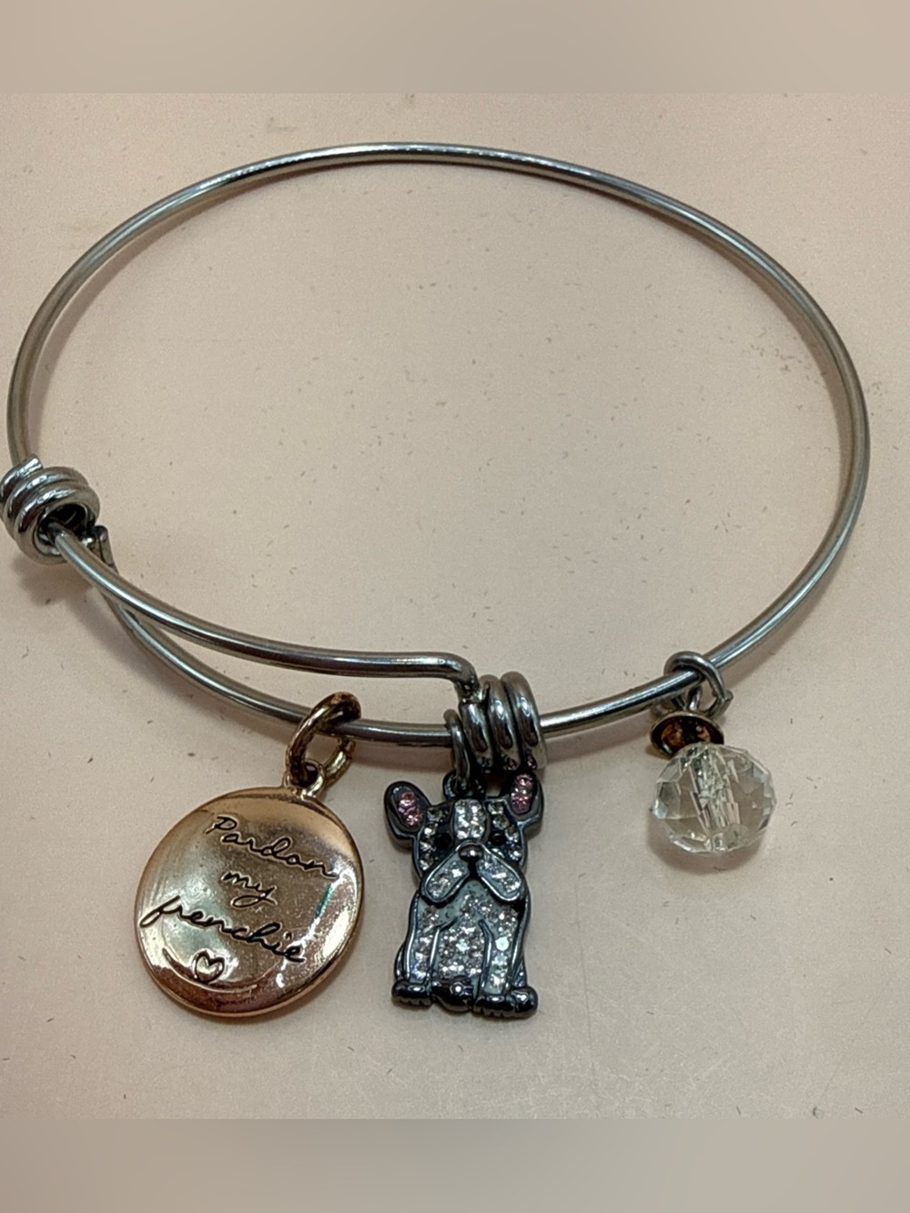 PARDON MY FRENCHIE Charm Bangle Bracelet Sparkly Puppy Dog 3 Charms Alex and Ani